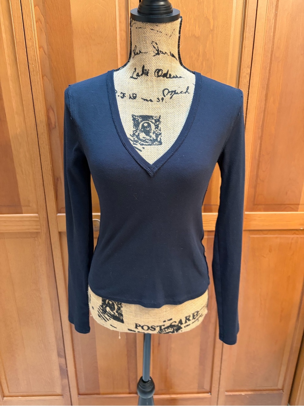 Free People Navy V-Neck Long Sleeve Top